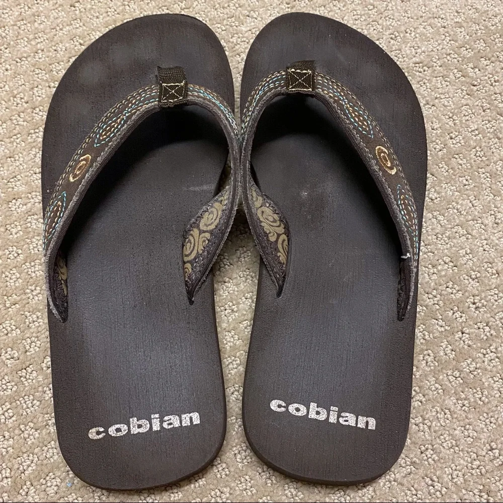 Cobain Brown Flip Flops w/ Turquoise Embroidery - Picture 4 of 7